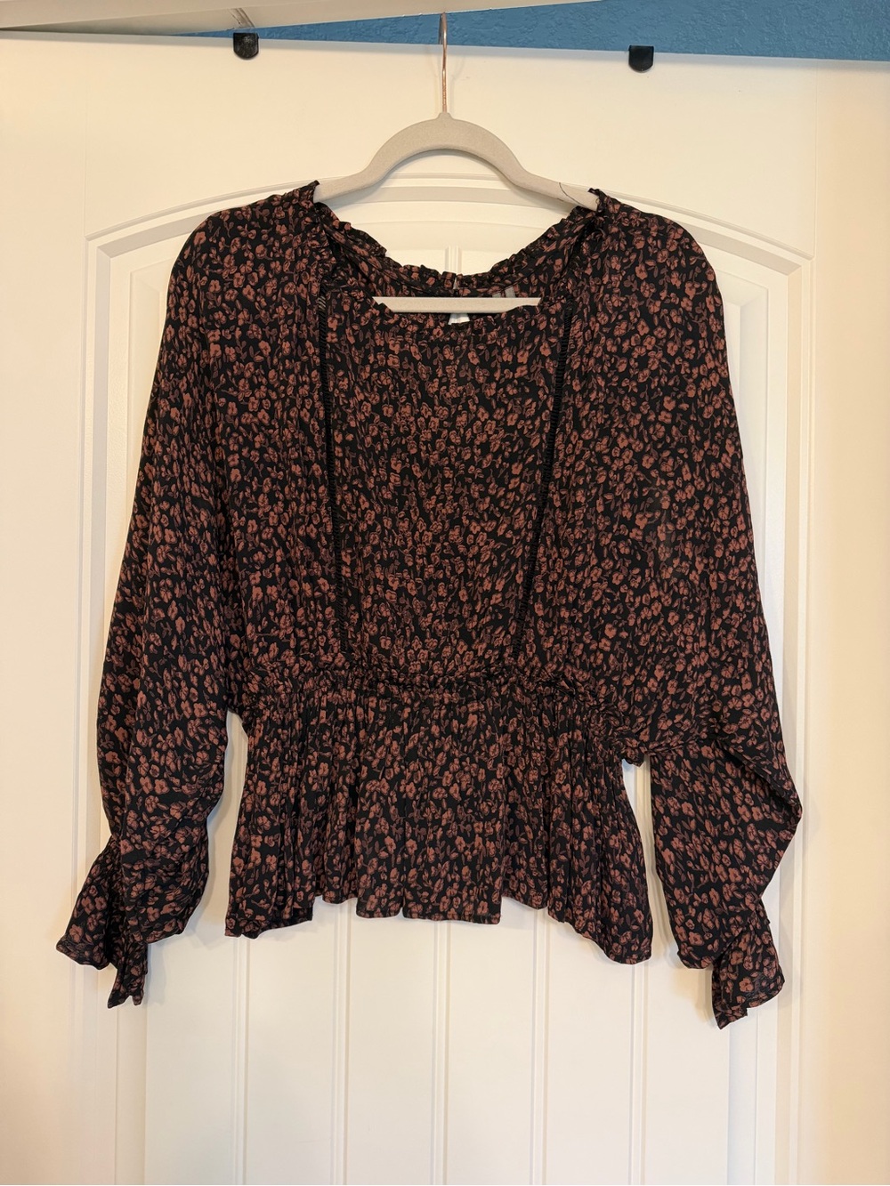 Anthropologie Nichola Peplum Top Black & Brown Floral Blouse Size S